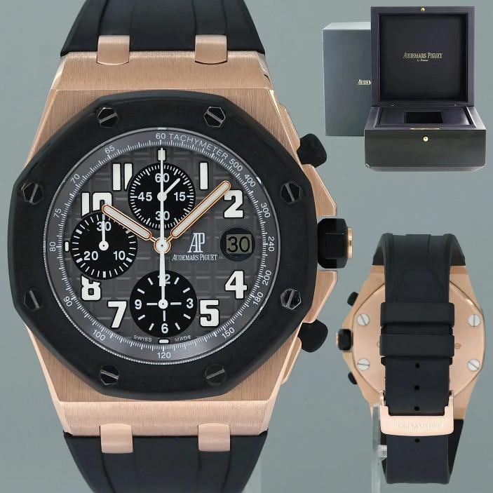 Mint Audemars Piguet Royal Oak Offshore Rubber Clad Chrono Rose Gold 25940ok: Case & Dial Case Material: Audemars Piguet Rose Gold Case Size: 42mm Bezel: Audemars Piguet Rubberclad Crystal: Audemars Piguet Sapphire Dial: Audemars Piguet Black Movement & Bracelet Movement: