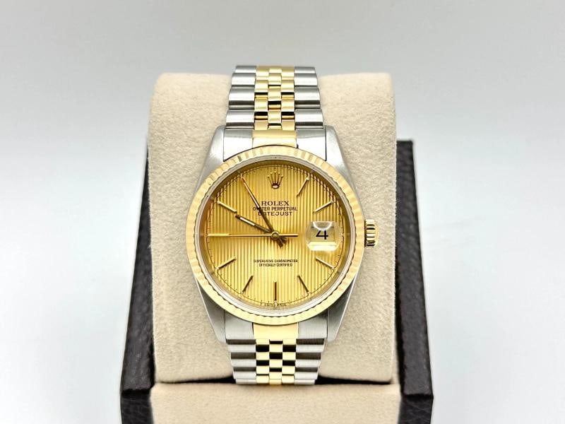 Rolex Datejust 16233 36mm Champagne Tapestry Dial 18k Gold Steel Box Paper - 3