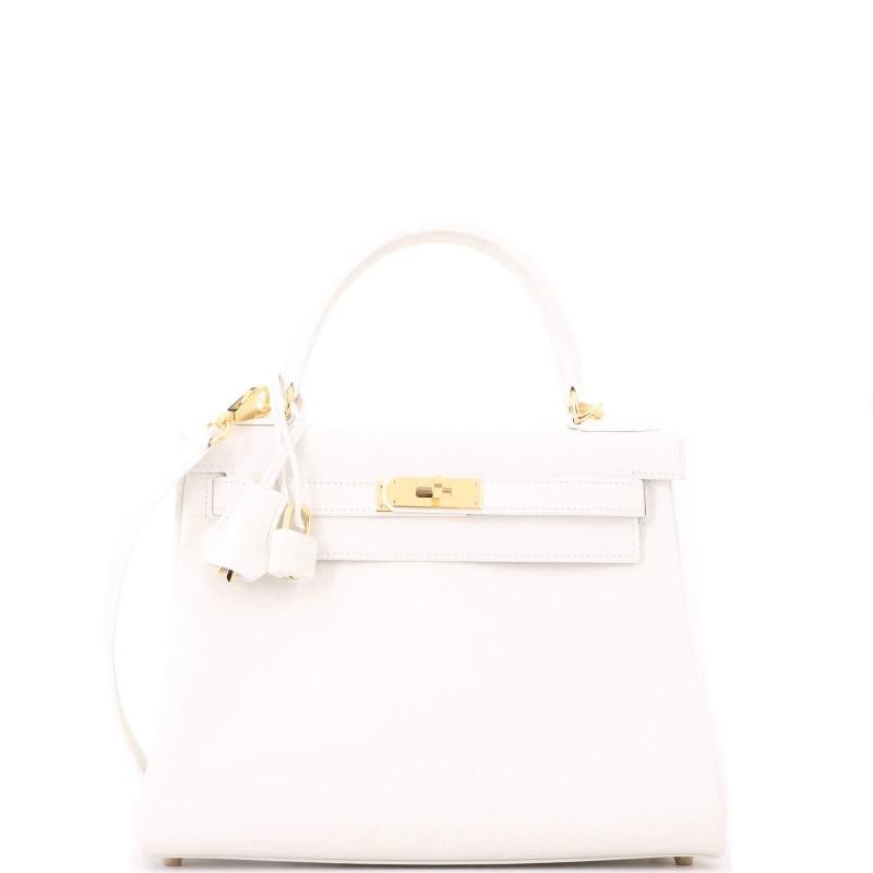 Hermes Kelly Handbag White Evercolor with Gold Hardware 28: Accessories: Lock, Dust Bag, Box, Clochette, Keys, With Strap Measurements: Height 8.5", Width 10.5", Depth 4". Condition: Pre-owned - Good,Brand: Hermes,Exterior Material: Leather,Style: Top