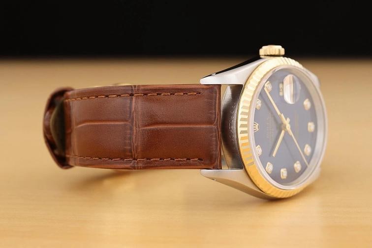 ROLEX DATEJUST 16233 BLUE DIAMOND DIAL 18K GOLD STEEL WATCH w/ LEATHER BAND - 7
