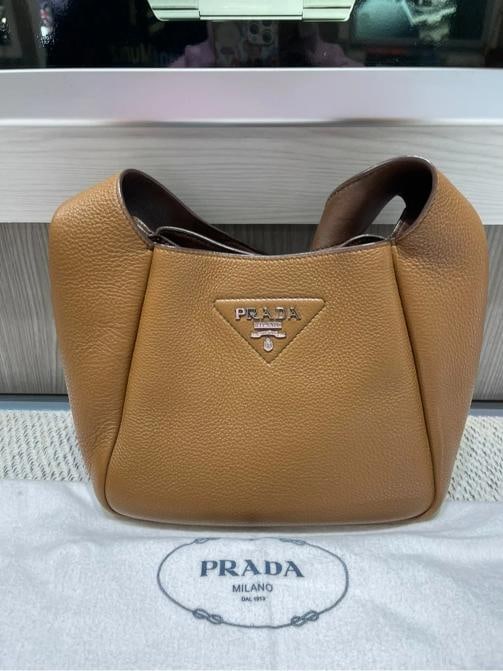 Prada Dynamique Daino Vitello Small Hobo in Camel Brown - 4