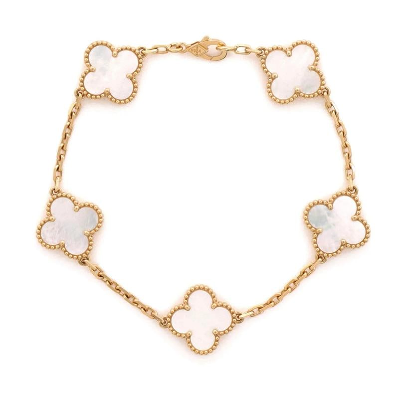 Van Cleef & Arpels Vintage Alhambra 5 Motifs Bracelet 18K Yellow Gold and Mother: Measurements: Circumference: 7.50 ", Width: 14.90 mm . Condition: Pre-owned - Good,Brand: Van Cleef & Arpels,Main Stone: Unknown,Metal: 18K Yellow Gold,Metal Purity: 18K,Style: Bracelet,Type: