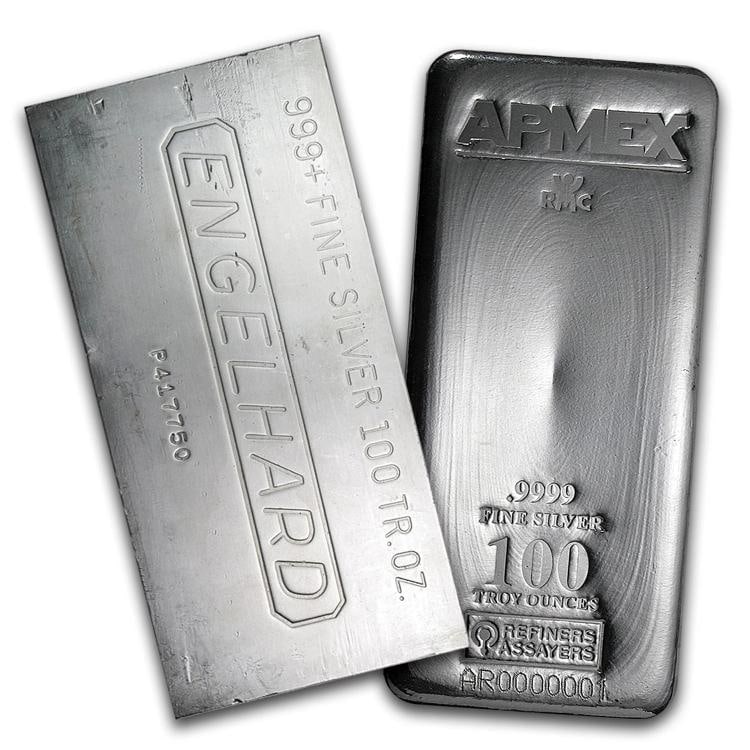 100 oz Silver Bar - Random Brand - Secondary Market - 999 Fine: Brand: APMEX,MPN: 105144,Year: N/A,Total Precious Metal Content: 100 oz,Shape: Bar,Precious Metal Content per Unit: 100 oz,Fineness: 0.999,Denomination: 100 oz,Circulated/Uncirculated: