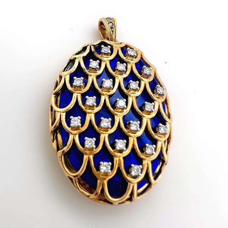 Blue Enamel & Diamonds Locket Pendant in 18kt Yellow Gold - 12