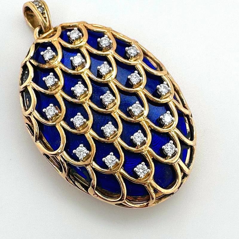 Blue Enamel & Diamonds Locket Pendant in 18kt Yellow Gold: Condition: Pre-owned - Good,Pendant Shape: Oval,Number of Diamonds: 24,Main Stone Creation: Natural,Signed: Yes,Material: Enamel,Main Stone Color: White/Colorless,Metal: Yellow Gold,Main Stone: