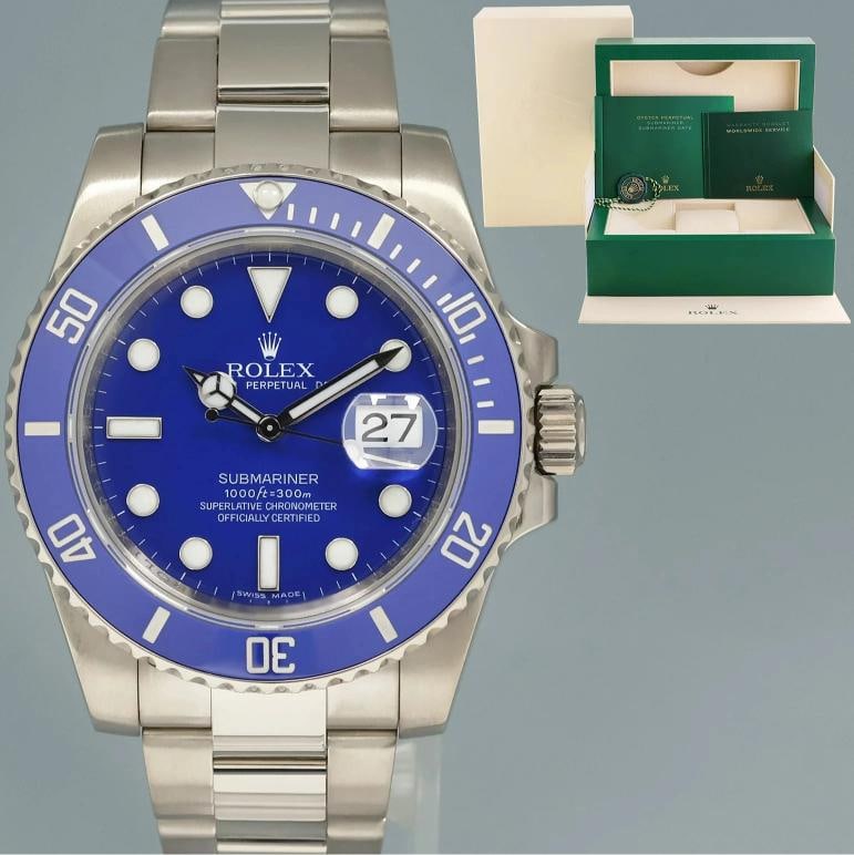 MINT Rolex Submariner Smurf 116619 White Gold Blue 40mm Ceramic Watch Box: Case & Dial Case Material: Rolex White Gold Case Size: 40mm Bezel: Rolex Blue Ceramic and White Gold Crystal: Rolex Sapphire Dial: Rolex Blue Movement & Bracelet Movement: Rolex Automatic Bracelet