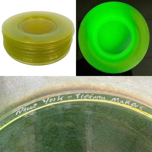 8 Signed Louis Comfort Tiffany Makers Favrile Onionskin 9" Uranium Glass Plates: DIMENSIONS/ea: 9-1/8" in diameter (some size variation will be present), 3/4" in height . Condition: Used,Brand: Tiffany,Material: Glass,Type: Luncheon Plate,Antique: Yes,Country of Origin: United Sta