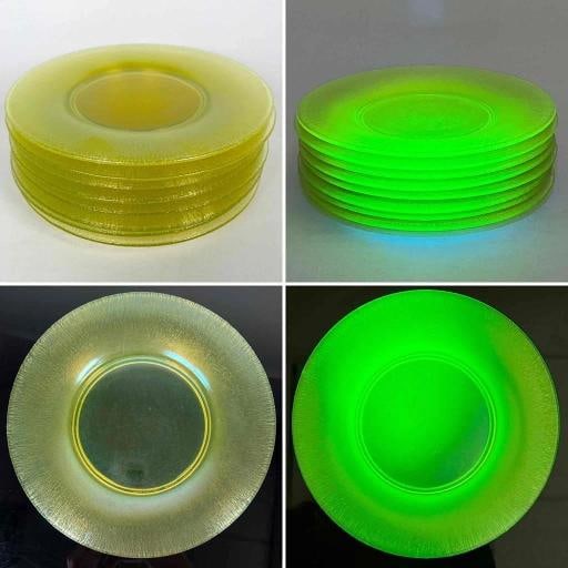 8 Signed Louis Comfort Tiffany Makers Favrile Onionskin 9" Uranium Glass Plates - 2