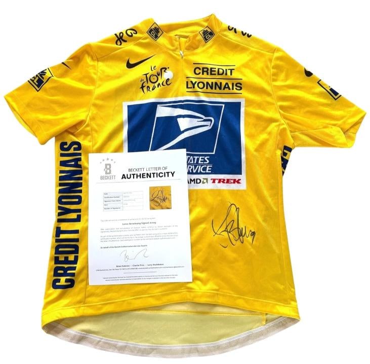Lance Armstrong Signed Autograph Tour De France Yellow USPS Jersey Beckett Bas: Player: Lance Armstrong,Sport: Cycling,Signed: Yes,Original/Reprint: Original,Autograph Authentication: Beckett Authentication Services (BAS),Product: Jersey,Country of Origin: United States