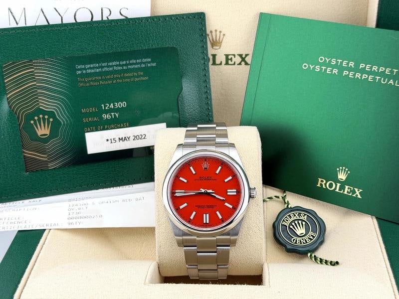 Rolex Oyster Perpetua1 124300 41mm Coral Red Dial Stainless Steel Box Paper 2022: Condition: Pre-owned - Good,Bezel Color: Silver,Year Manufactured: 2020-Now,Band/Strap: Rolex Oyster,Case Color: Silver,Department: Men,Manufacturer Warranty: 3 Years,Bezel Type: Smooth,Watch Shape: