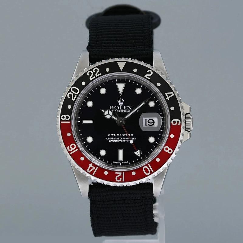 2001 Rolex GMT-Master 2 Coke Black Red 40mm Steel 16710 Nato Watch Box - 2