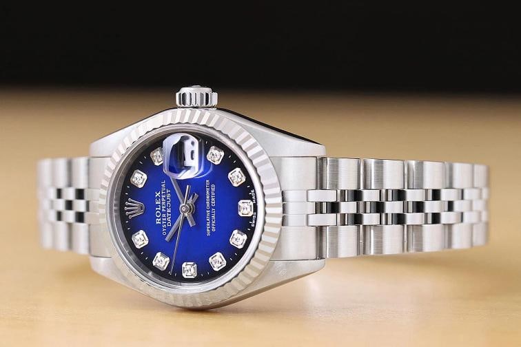 ROLEX LADIES DATEJUST 79174 BLUE VIGNETTE DIAMOND DIAL 18K WHITE GOLD SS WATCH - 2