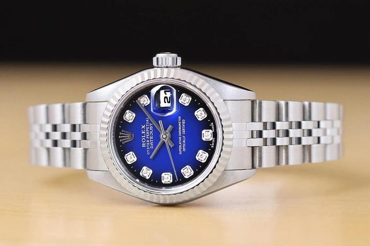 ROLEX LADIES DATEJUST 79174 BLUE VIGNETTE DIAMOND DIAL 18K WHITE GOLD SS WATCH - 3