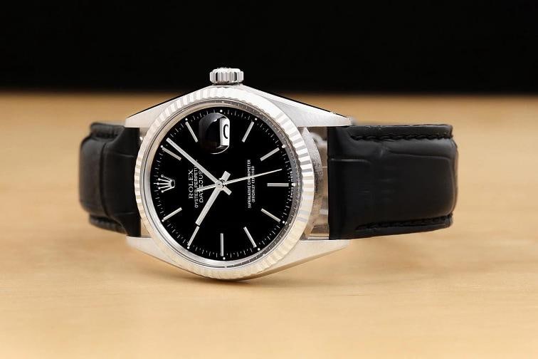 ROLEX MENS DATEJUST 16014 18K GOLD STEEL BLACK DIAL BLACK LEATHER BAND WATCH - 2