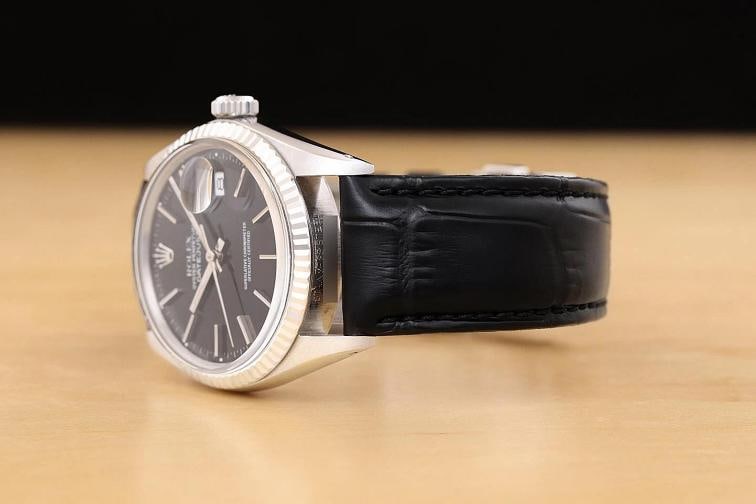 ROLEX MENS DATEJUST 16014 18K GOLD STEEL BLACK DIAL BLACK LEATHER BAND WATCH - 4