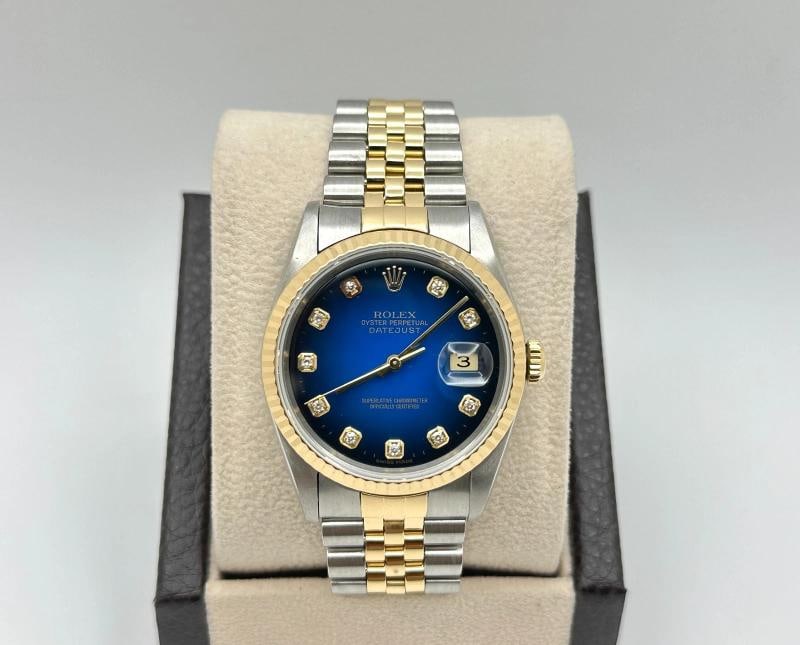 Rolex Datejust 16233 Blue Vignette Diamond Dial 18K Gold Steel Box Papers - 2