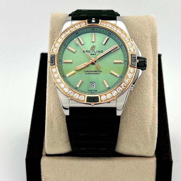 Breitling Super Chronomat U17356 38mm Mint Green Dial 18k Gold Steel Box Paper - 3