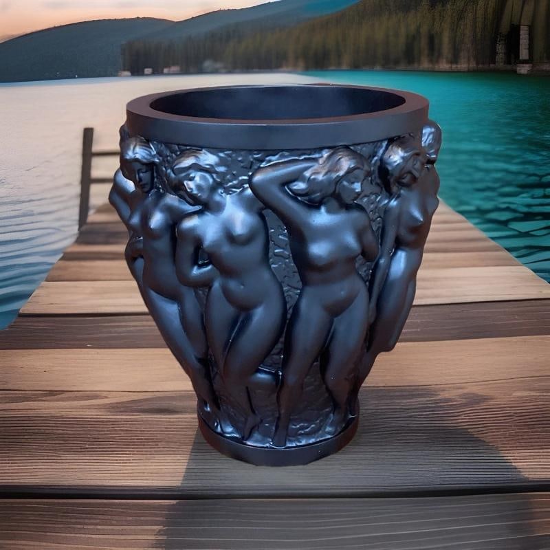 Xl Heavy Art Glass Lalique Style Black Bacchantes Vase H10Ã¢â‚¬Â? Lim - 3