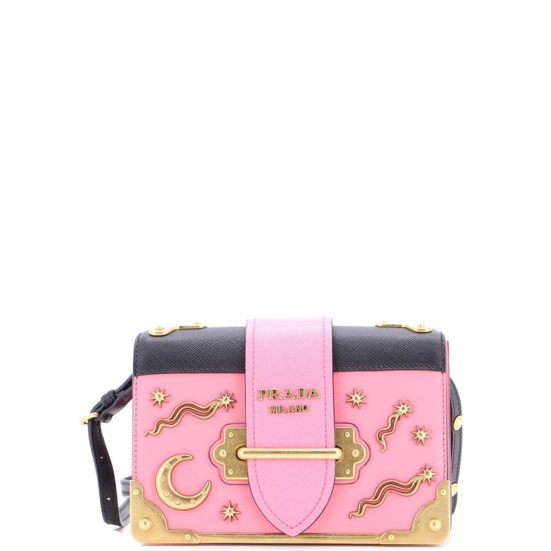 Prada Cahier Crossbody Bag Embellished Leather Small: Accessories: With Strap Measurements: Height 5", Width 7.5", Depth 3", Strap Drop 17.5-21.5". Condition: Pre-owned - Good,Brand: Prada,Exterior Material: Leather,Style: Cross Body Bags,Exterior