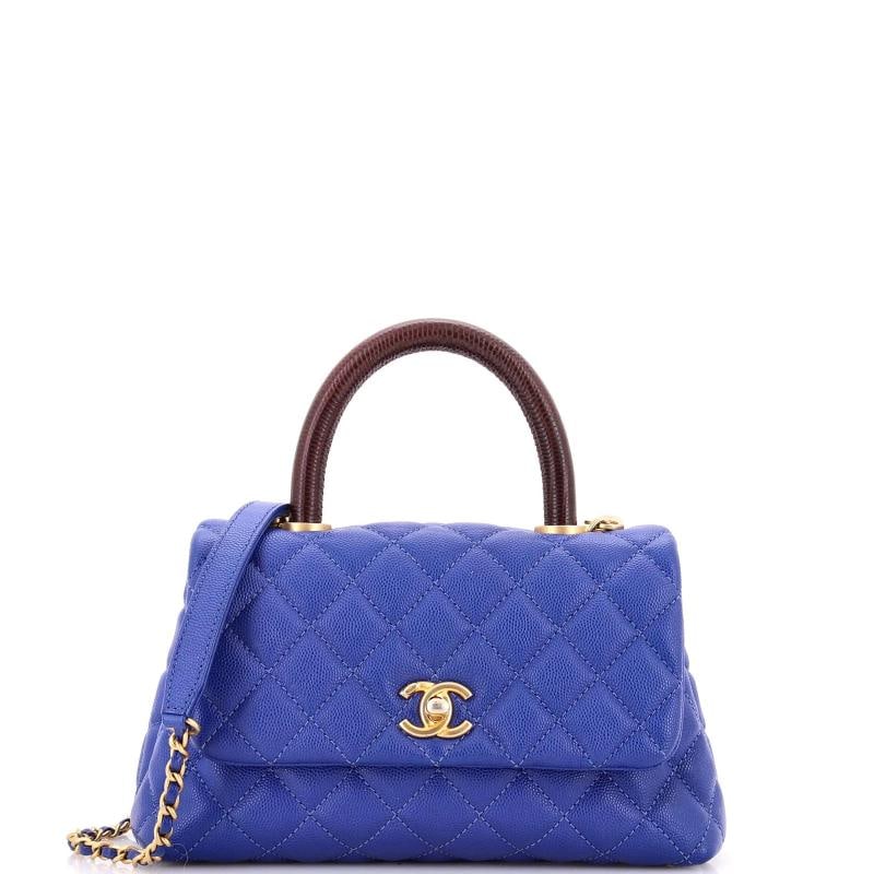 Chanel Coco Top Handle Bag Quilted Caviar with Lizard Mini: Accessories: With Strap Measurements: Handle Drop 3", Height 6", Width 9", Depth 4", Strap Drop 18". Condition: Pre-owned - Good,Brand: Chanel,Exterior Material: Leather,Style: Shoulder Bags,Exterior