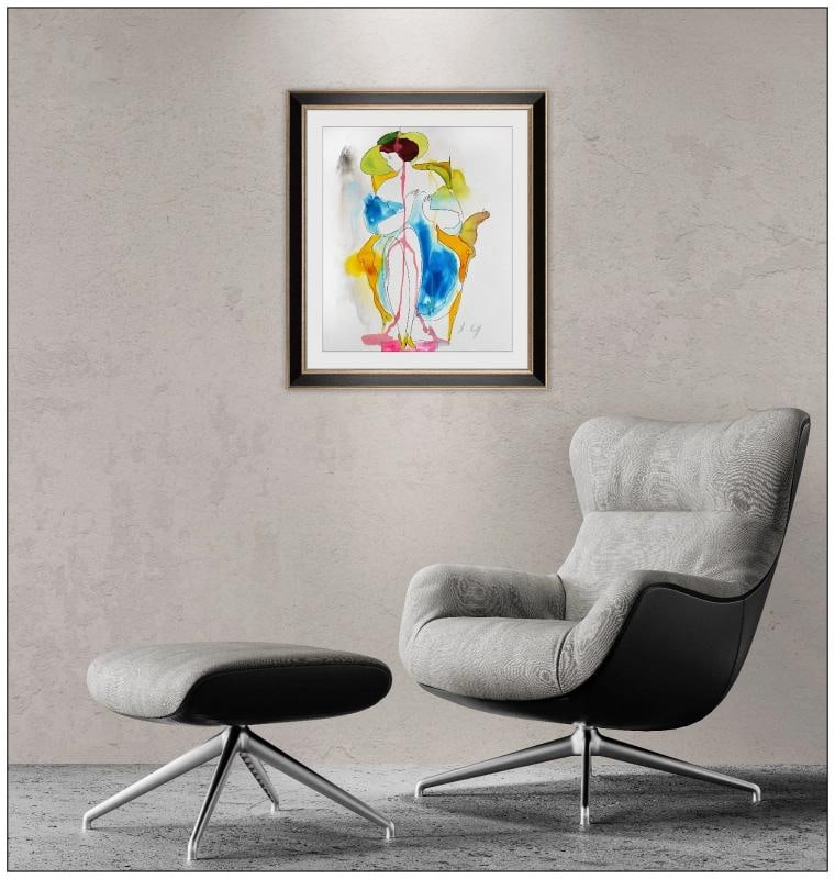 Linda Le Kinff Original Ink and Watercolor Painting Female Figure Signed Framed - 2