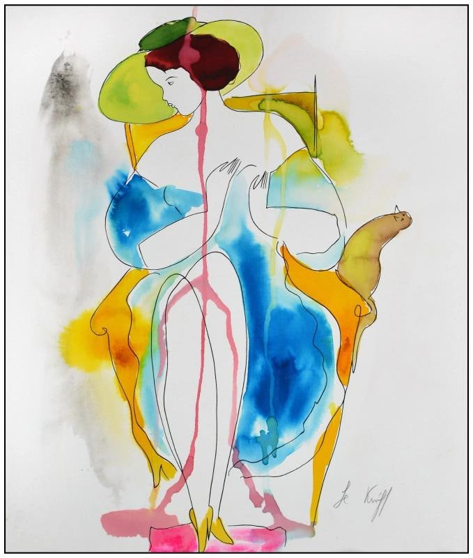 Linda Le Kinff Original Ink and Watercolor Painting Female Figure Signed Framed - 3