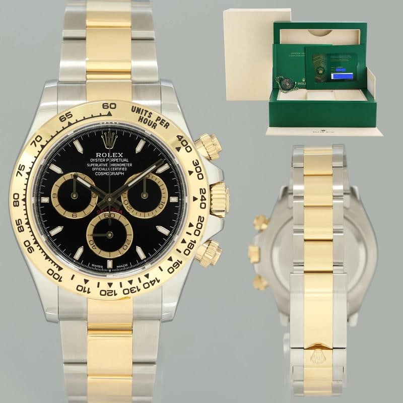 2026 NEW PAPERS Rolex Daytona 126503 Black Chronograph Two Tone Gold Steel Watch: Case & Dial Case Material: Rolex Two-Tone Yellow Gold & Stainless Steel Case Size: 40mm Bezel: Rolex Yellow Gold Crystal: Rolex Sapphire Dial: Rolex Black Movement & Bracelet Movement: Rolex