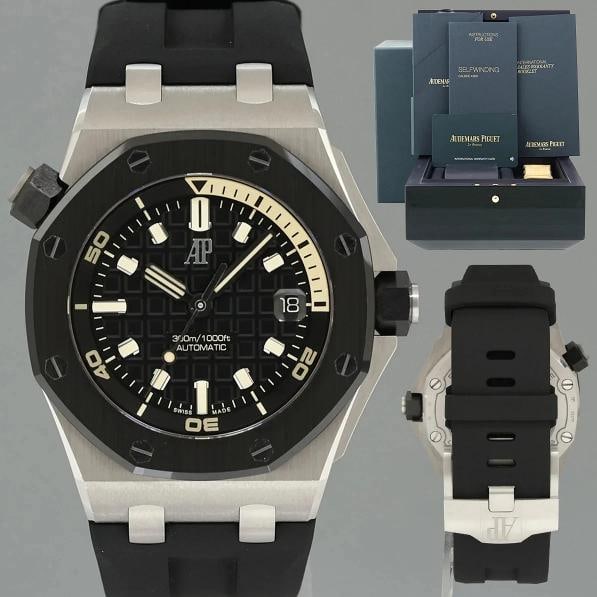 PAPERS Audemars Piguet Royal Oak Offshore White Gold Black 42mm 15720CN Watch: Case & Dial Case Material: Audemars Piguet White Gold Case Size: 42mm Bezel: Audemars Piguet Ceramic Crystal: Audemars Piguet Sapphire Dial: Audemars Piguet Black Mega Tapisserie Movement & Bracelet