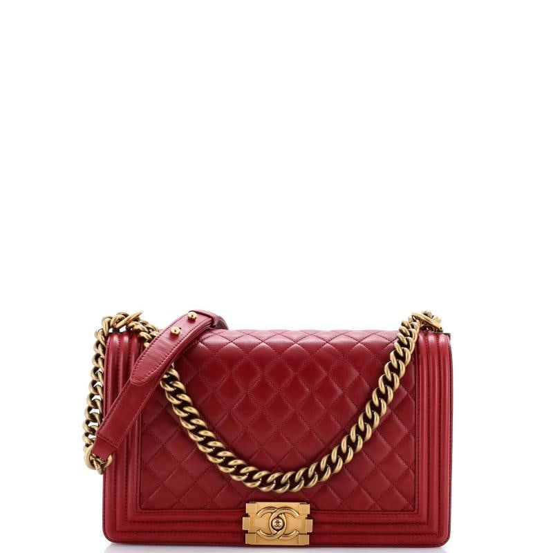 Chanel Boy Flap Bag Quilted Calfskin New Medium: Condition: Pre-owned - Good,Brand: Chanel,Exterior Material: Leather,Style: Shoulder Bags,Exterior Color: Red,Department: Women,Size: New Medium,Accessories: Dust Bag