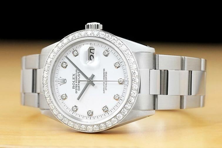 MENS ROLEX DATEJUST 1603 WHITE DIAL 18K WHITE GOLD 1.60 CT DIAMOND STEEL WATCH - 2
