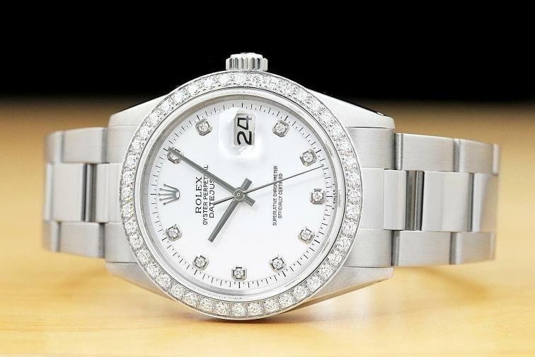 MENS ROLEX DATEJUST 1603 WHITE DIAL 18K WHITE GOLD 1.60 CT DIAMOND STEEL WATCH - 3