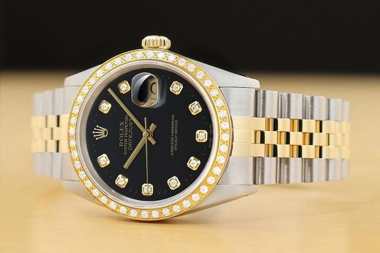 ROLEX MENS DATEJUST 16013 BLACK DIAL 18K YELLOW GOLD STEEL 2-TONE DIAMOND WATCH - 2