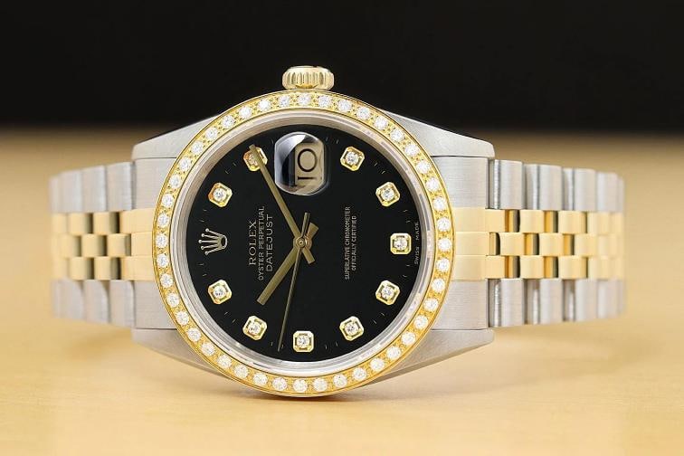 ROLEX MENS DATEJUST 16013 BLACK DIAL 18K YELLOW GOLD STEEL 2-TONE DIAMOND WATCH - 3