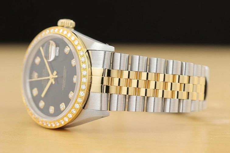 ROLEX MENS DATEJUST 16013 BLACK DIAL 18K YELLOW GOLD STEEL 2-TONE DIAMOND WATCH - 4