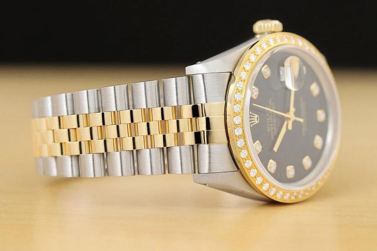 ROLEX MENS DATEJUST 16013 BLACK DIAL 18K YELLOW GOLD STEEL 2-TONE DIAMOND WATCH - 8