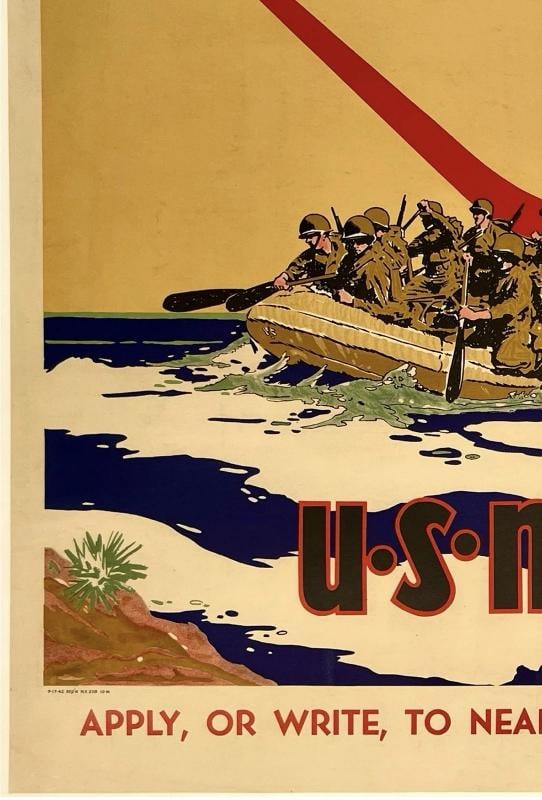 Original Vintage Poster LAND WITH THE U.S. MARINES World War II Recruiting LINEN - 4