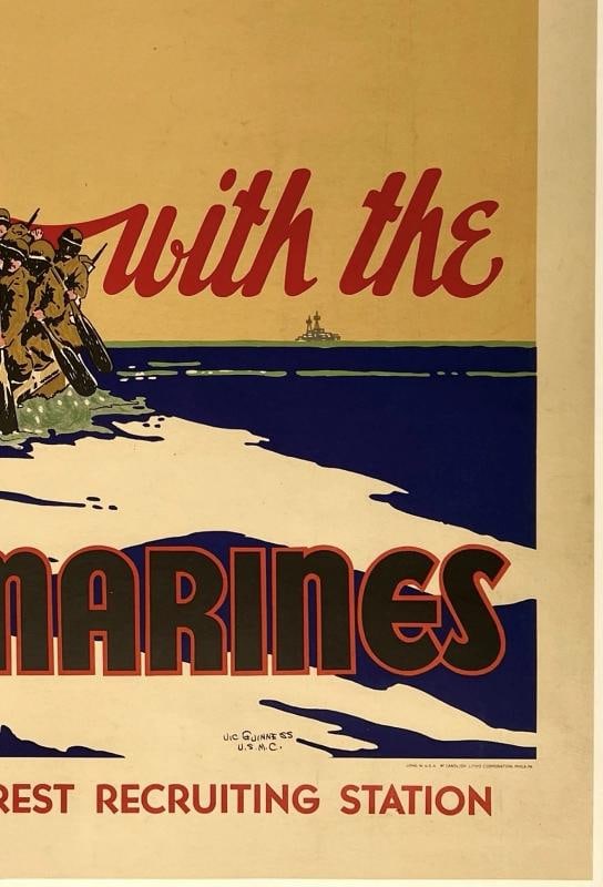 Original Vintage Poster LAND WITH THE U.S. MARINES World War II Recruiting LINEN - 5
