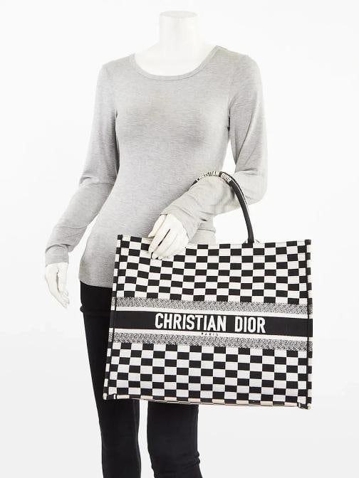 Christian Dior Black/White Check Canvas Large Book Tote Bag - 2