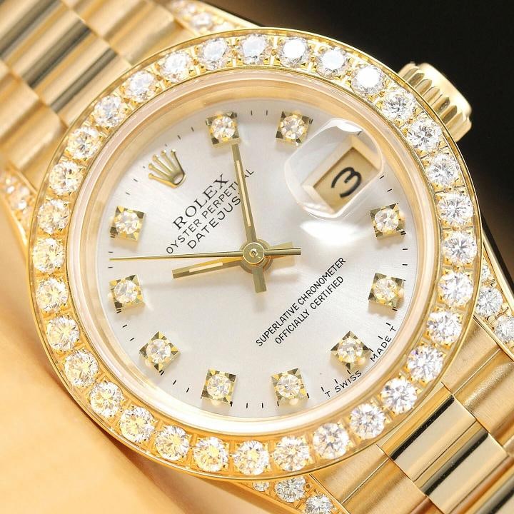 ROLEX LADIES PRESIDENT 69178 FACTORY DIAMOND DIAL 18K YELLOW GOLD SILVER WATCH: Condition: Pre-owned - Excellent,Bezel Color: Gold,Max Wrist Size: 6.26-6.75 in,Number of Jewels: 29 Jewels,Indices: Diamond Markers, 12-Hour Dial, Multiple Hands,Band: Rolex 18K Yellow Gold President