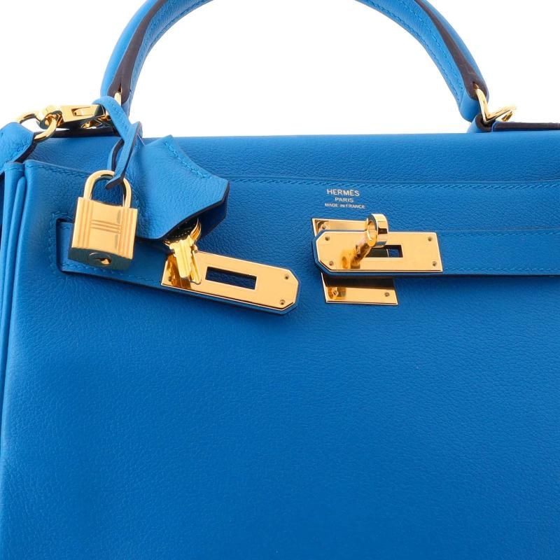 Hermes Kelly Handbag Blue Evercolor with Gold Hardware 28 - 6