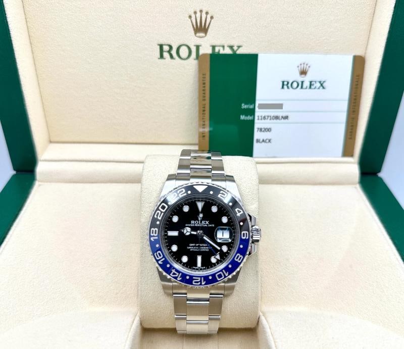 2017 Rolex GMT Master II Batman 116710BLNR 40mm Black Blue Bezel Steel Box Paper: Style Number: 116710BLNRYear: 2017Model: Rolex GMT Master II "Batman"Case Material: Stainless SteelBand: Stainless SteelBezel: Black & Blue CeramicDial: BlackCrystal: SapphireCase Size: 40mmIncludes: