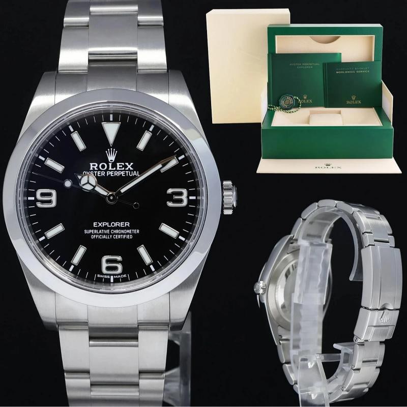 2016 MINT Rolex 214270 Explorer Black BLUE LUME 3-6-9 Steel 39mm Watch Box: Case & DialCase Material: Rolex Stainless SteelCase Size: 39mmBezel: Rolex Stainless SteelCrystal: Rolex SapphireDial: Rolex Black with 3-6-9 LumeMovement & BraceletMovement: Rolex AutomaticBracelet