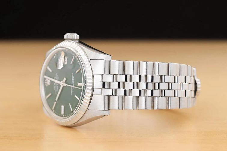 ROLEX DATEJUST 1601 GREEN DIAL 18K WHITE GOLD STEEL FOLDED BRACELET WATCH - 4