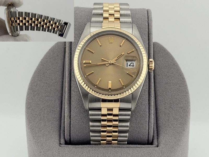 Vintage Rolex Datejust 1601 36mm Bronze Dial Pie Pan 18k Gold Stainless Steel: Style Number: 1601Serial: 316****Year: 1972Model: Vintage Rolex DatejustCase Material: Stainless Steel Band: 18k Yellow Gold & Stainless Steel JubileeBezel: 18k Yellow Gold Fluted Dial: Bronze Pie