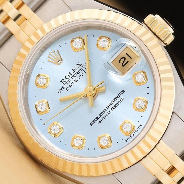ROLEX LADIES DATEJUST ICE BLUE DIAMOND TWO TONE 18K YELLOW GOLD 69173 WATCH: Condition: Pre-owned - Excellent,Bezel Color: Gold,Max Wrist Size: 6.26-6.75 in,Number of Jewels: 29 Jewels,Indices: Diamond Markers, 12-Hour Dial,Band: Rolex Two Tone Jubilee Bracelet,Bezel: Rolex