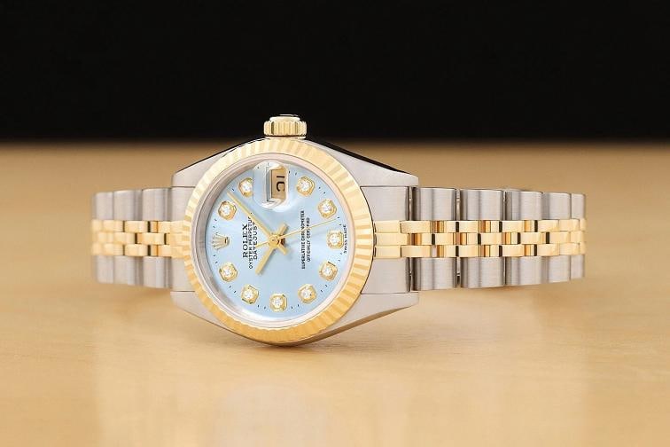 ROLEX LADIES DATEJUST ICE BLUE DIAMOND TWO TONE 18K YELLOW GOLD 69173 WATCH - 2