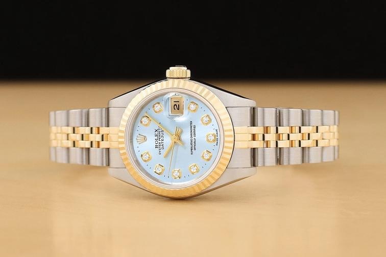 ROLEX LADIES DATEJUST ICE BLUE DIAMOND TWO TONE 18K YELLOW GOLD 69173 WATCH - 3