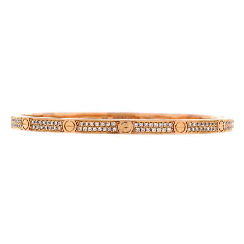 Cartier Love Bracelet 18K Rose Gold with Pave Diamonds Small: Condition: Pre-owned - Good,Brand: Cartier,Main Stone: Diamond,Metal: 18K Rose Gold,Metal Purity: 18K,Style: Bracelet,Type: Bracelet,Color: Rose Gold,Material: 18K Rose Gold, DiamondEstimated Retail