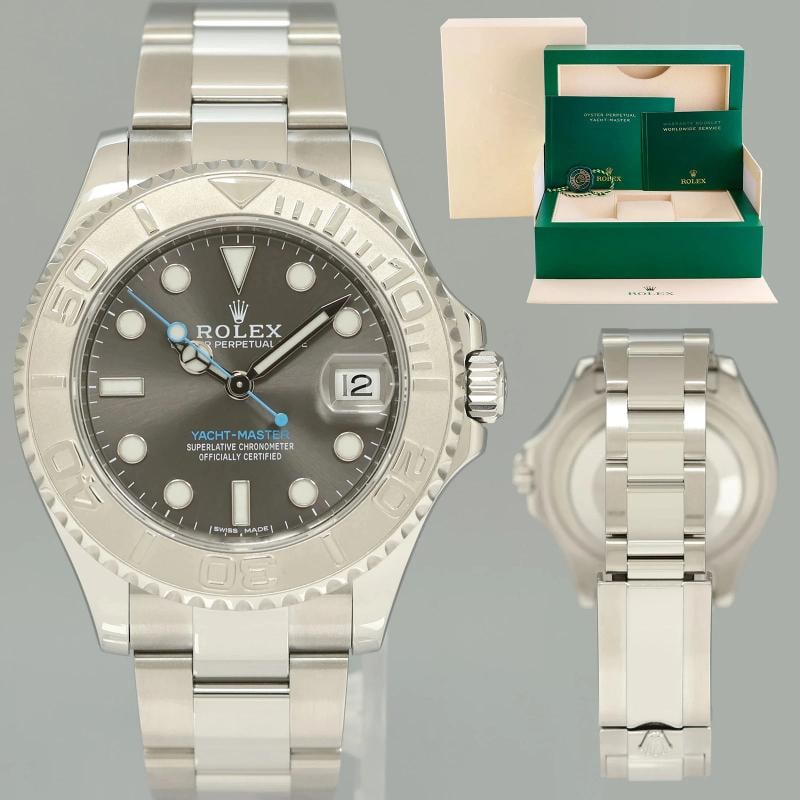 2019 MINT Rolex Yacht-Master 268622 Steel Rhodium 37mm Blue hand Watch Box: Case & DialCase Material: Rolex Stainless SteelCase Size: 37mmBezel: Rolex PlatinumCrystal: Rolex SapphireDial: Rolex Rhodium with Date FunctionMovement & BraceletMovement: Rolex AutomaticBracelet