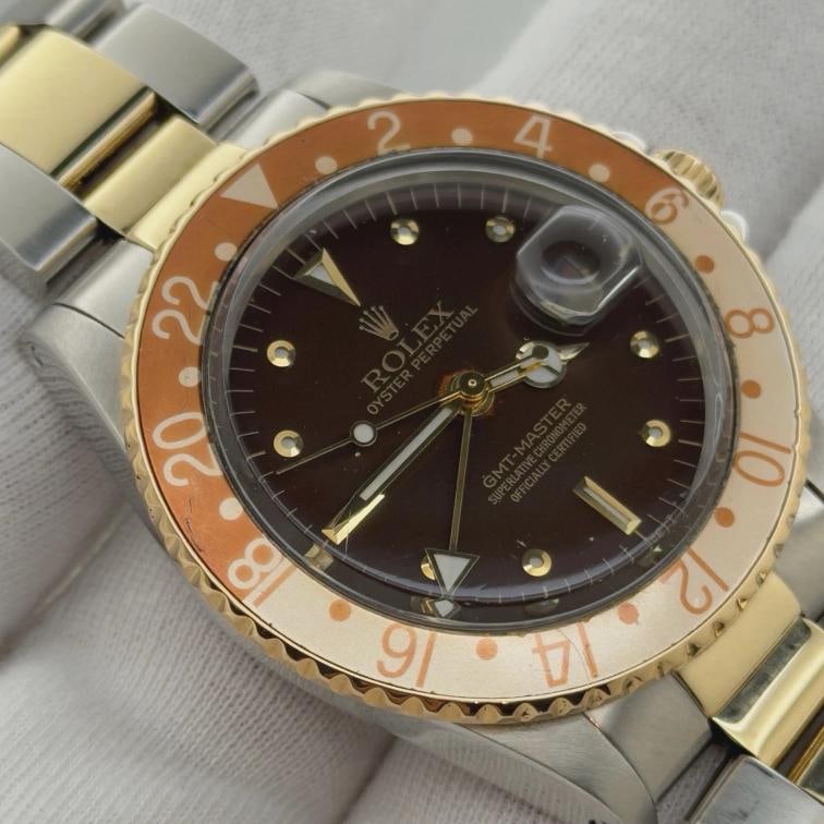 Vintage Rolex GMT Master Root Beer 16753 40mm Nipple Dial Yellow Gold Steel - 10